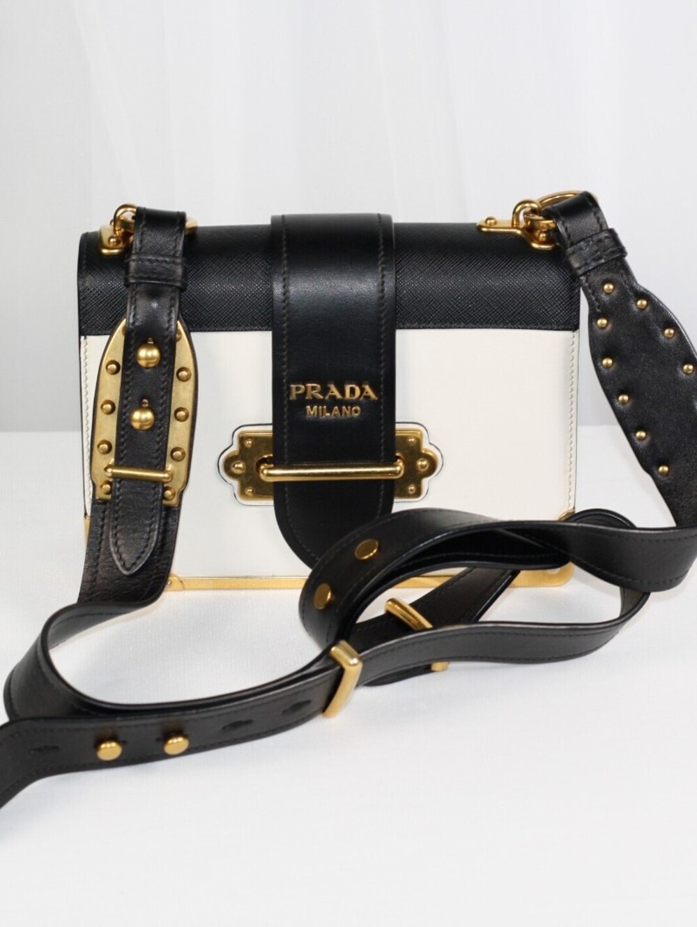 Prada Cahier White and Black Leather Crossbody Bag 1BD045